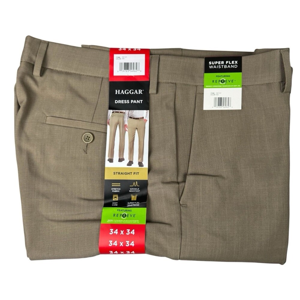 Haggar Mens 34x34 Pants Dress Straight Fit Tan Super Flex Waistband New 1901121